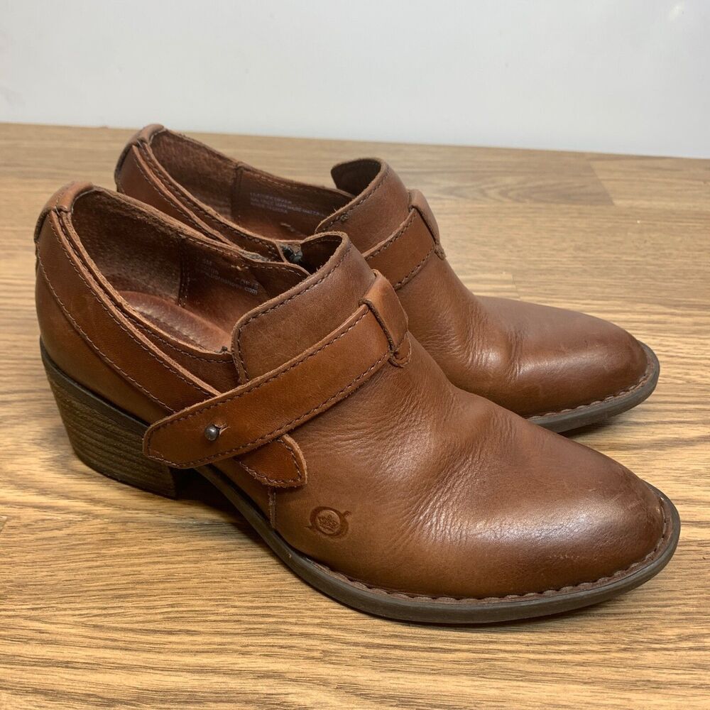 Born  Brown Leather Ankle strap‎ Boots Women's Size 7.5 Block Heel Timmons